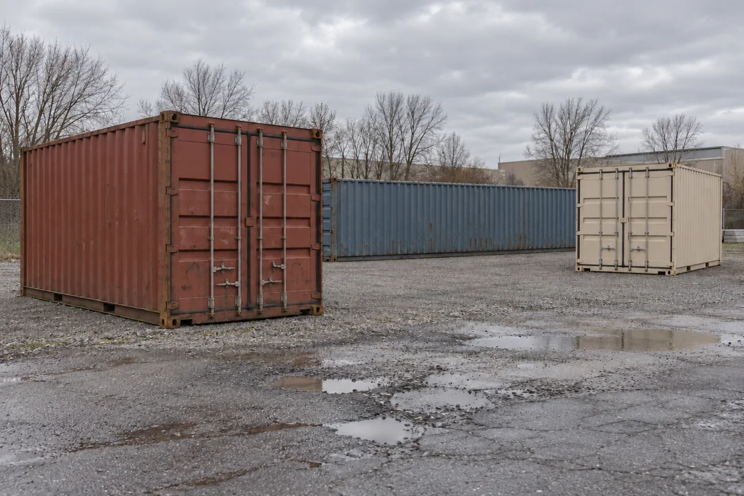 Illustrative image of red, blue and beige shipping containers in a gravel yard under an overcast sky