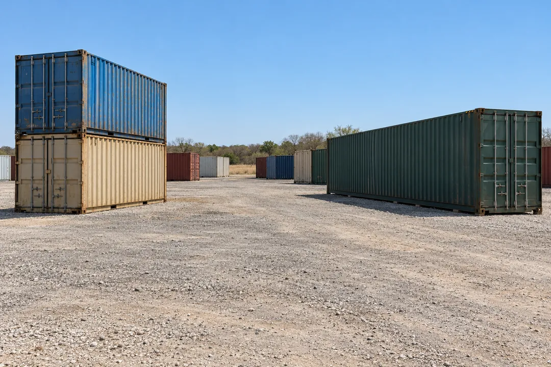 Illustrative image of stacked blue and beige shipping containers beside a green container in a dry open yard