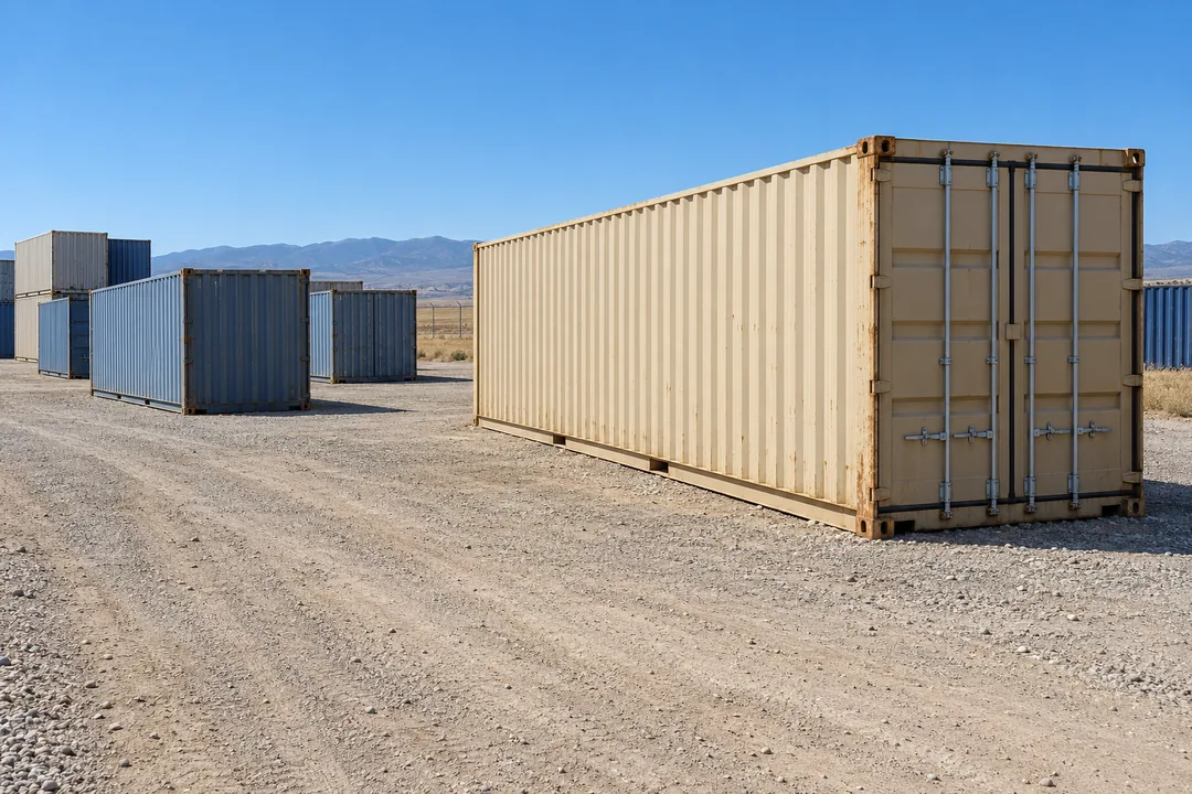 Illustrative image of beige and blue shipping containers in a dry gravel yard with mountains in the distance