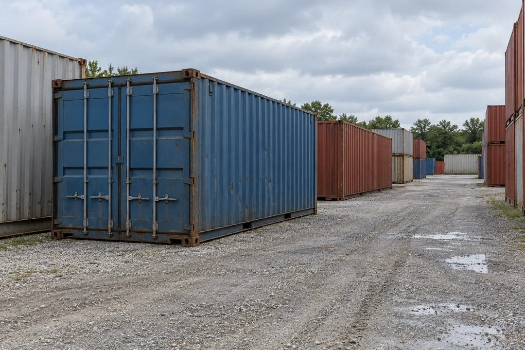 Illustrative image of blue and red shipping containers in a gravel yard after rain