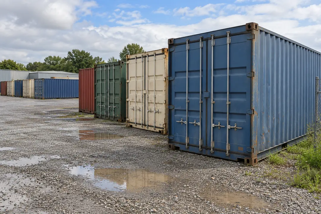 Illustrative image of blue, beige and green shipping containers lined up on damp gravel