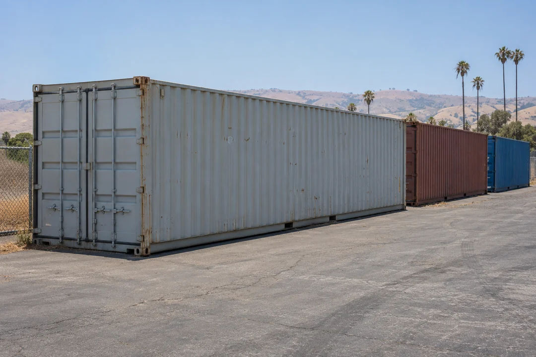 Illustrative image of shipping containers in a sunny paved yard with palm trees and dry hills behind