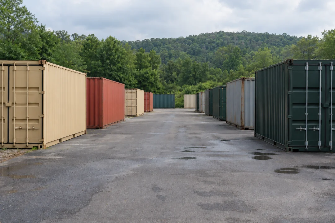 Illustrative image of rows of shipping containers along a damp paved lane with green wooded hills behind