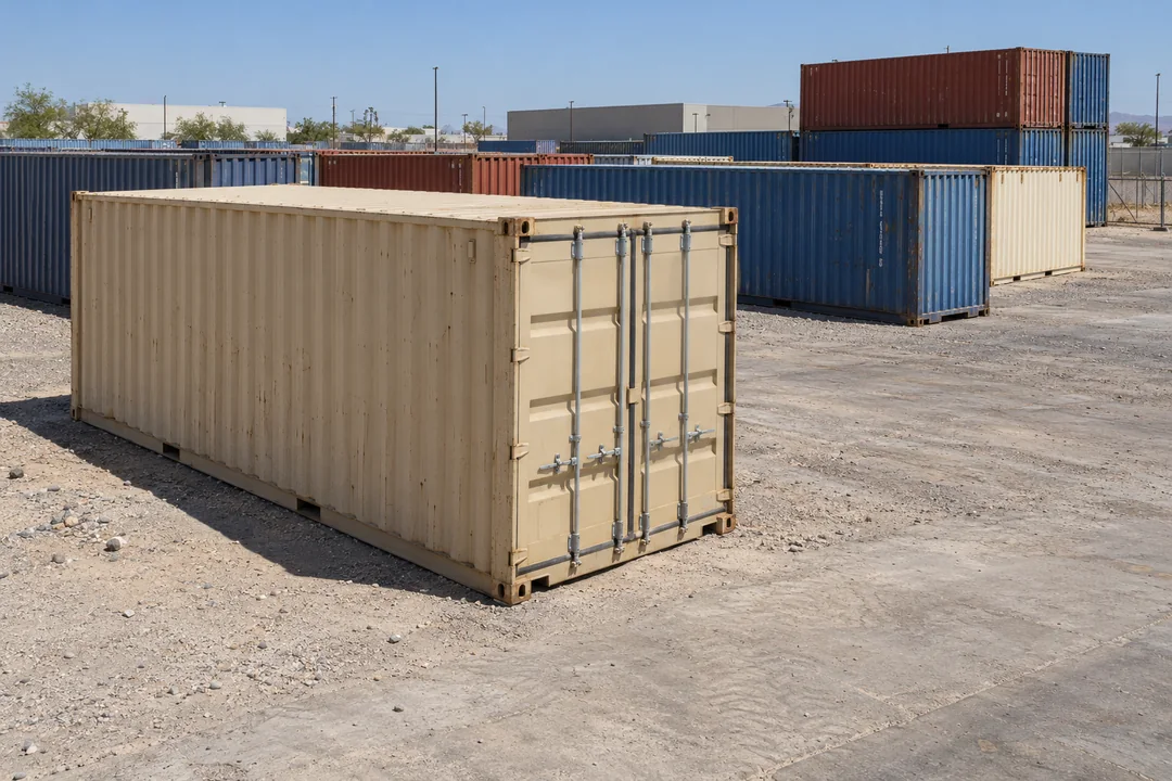 Illustrative image of a beige shipping container and rows of blue and red containers in a dry industrial yard