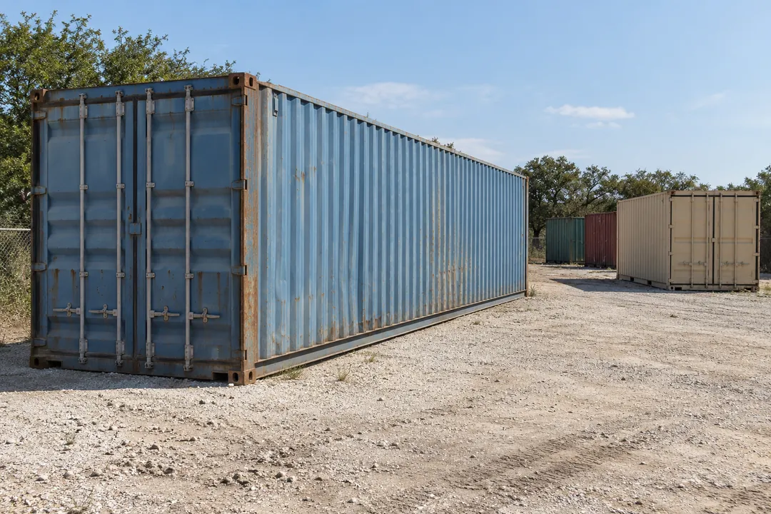 Illustrative image of used shipping containers on pale gravel with oak trees behind